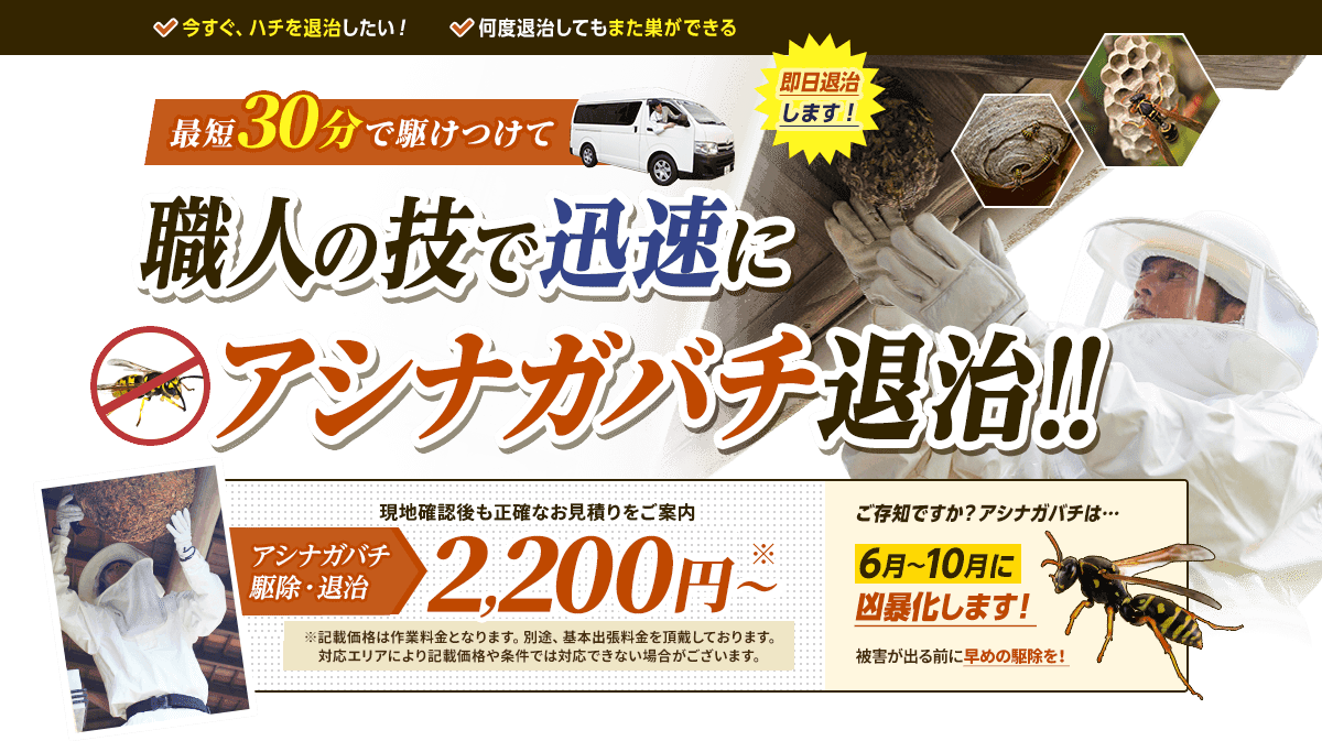 今すぐハチを退治したい人、何度退治してもまた巣ができて困っている人へ。最短30分で駆けつけて職人の技で迅速に蜂の巣を退治します。退治費用2,200円から。現地確認後も正確なお見積もりをご案内します。スズメバチ、アシナガバチ、ミツバチ等様々な種類のハチも対応。