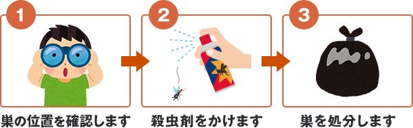 1巣の位置を確認します 2殺虫剤をかけます 3巣を処分します