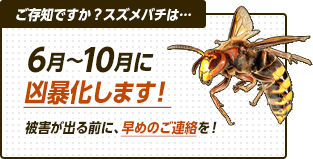 ご存知ですか？スズメバチは、６から10月に凶暴化します。被害が出る前に、早めのご連絡を
