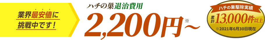 ハチの巣の退治費用2,200円から。2019年1月9日現在、ハチ・害虫の駆除実績累計2,200件以上。