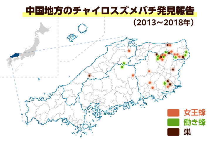 中国地方のチャイロスズメバチ発見報告（2013〜2018年）